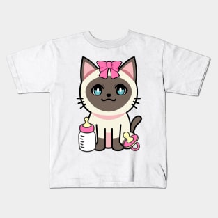 cute baby siamese cat wears a pink ribbon Kids T-Shirt